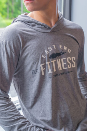 Man wearing an East End Fitness hoodie