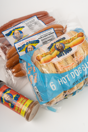 hot dogs, buns, and seasoning